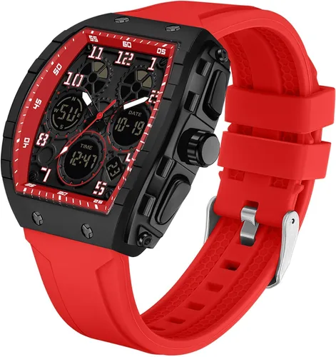 Miniatura 11 de Relojes para hombre, únicos rectángulos, reloj de pulsera blanco con pantalla digital analógica de doble hora, cronómetro de cuenta regresiva, Negro