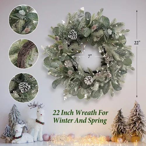 Miniatura 2 de Corona de invierno verde de 22 pulgadas, cono de pino artificial y corona de puerta delantera de acebo para decoración de Navidad de granja