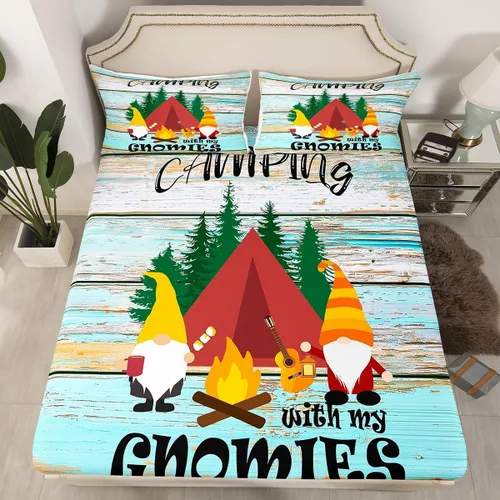 Miniatura 2 de Sábanas de campamento para niños, tamaño individual, sábanas de gnomos kawaii para niños y niñas, juego de ropa de cama vintage de madera de granja