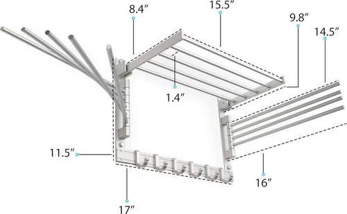 Miniatura 6 de BGT - Estante de secado de ropa para lavar la pared, organizador de lavandería con ganchos y brazos oscilantes, estante de metal de 17 pulgadas