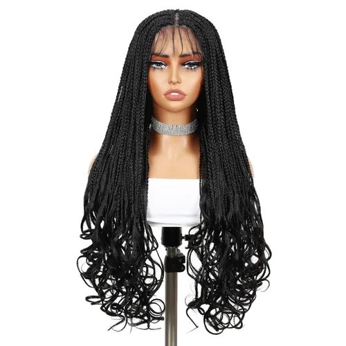 Miniatura 2 de Pelucas trenzadas de encaje completo, sin nudos, trenza, peluca de extremos rizados para mujeres negras, 28 pulgadas, cuadrada, trenzada, encaje
