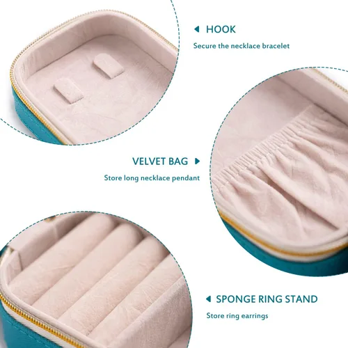 Miniatura 5 de SANQIANWAN Pequeña caja organizadora de viaje de joyería con piel sintética, estuche portátil de almacenamiento de joyas para collares, anillos