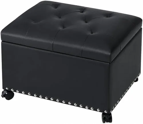 Miniatura 15 de Otomana de cuero con almacenamiento, 24 pulgadas, reposapiés otomanos con tapa con bisagras, taburetes tapizados rectangulares, con cabeza de clavo
