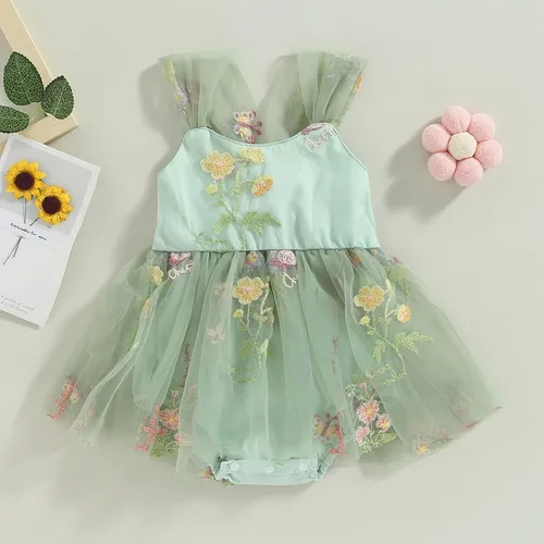Miniatura 112 de Mameluco para bebés y niñas de 3, 6, 9, 12, 18 meses, enterizo de manga corta, fruncido, faldas y dobladillo, diadema