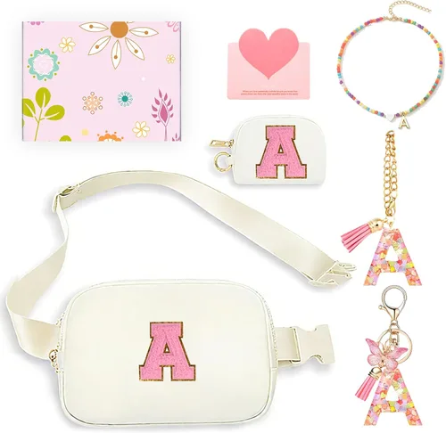 Miniatura 27 de Regalos de moda para niñas adolescentes, cangurera con monograma para niña con llavero, collar, dijes de taza, tarjeta de felicitación y caja