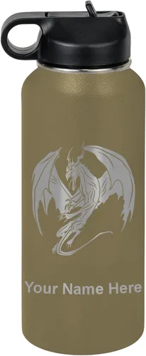 Miniatura 21 de LaserGram Botella de agua con tapa abatible de doble pared de 12 onzas con pajilla, dragón, grabado personalizado incluido (negro)