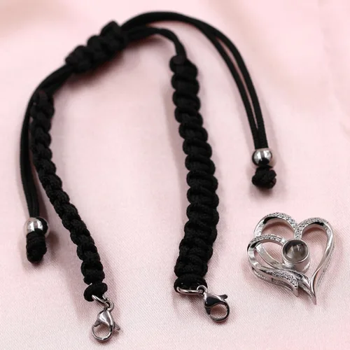 Miniatura 5 de Pulsera y collar de corazón con dije de proyección en 100 idiomas hechos a mano y collar de doble uso, pulsera de corazón con texto en inglés "I