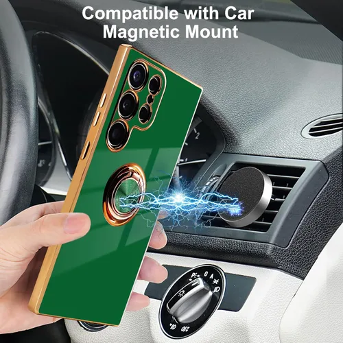 Miniatura 4 de Funda para Samsung Galaxy S23 Ultra 5G, soporte de anillo de rotación de 360° incorporado, soporte magnético, borde chapado brillante de lujo, Verde