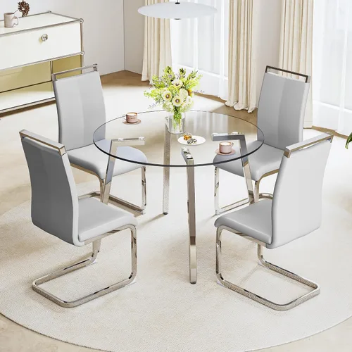 Miniatura 12 de Juego de mesa de comedor gopop de 5 piezas para 4, juego de mesa de comedor redonda de vidrio para 4, mesa de vidrio templado con 4 sillas