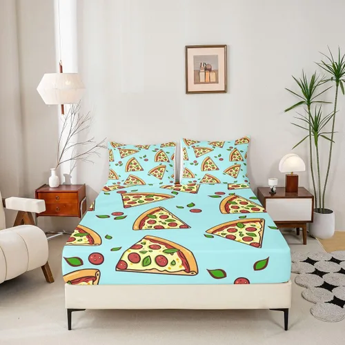 Miniatura 2 de Juego de sábanas de pizza de dibujos animados para niños, adolescentes, sábana bajera moderna y bohemia para niños y adultos, suave, verde