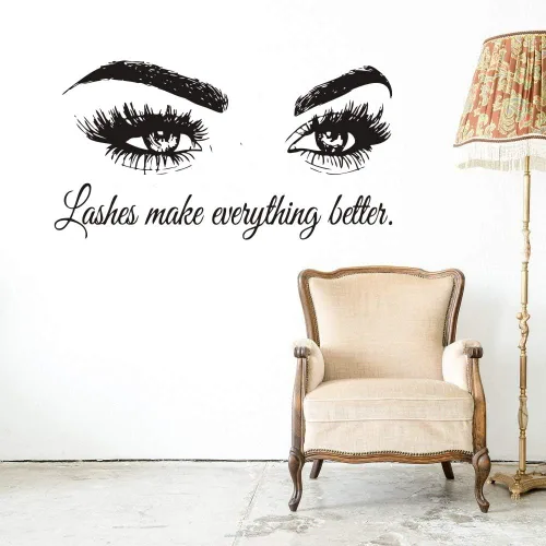 Miniatura 5 de Calcomanía de pared con texto en inglés "Lashes Make Everything Better", adhesivo de vinilo para salón de belleza, sala de maquillaje, espejo