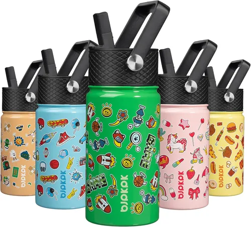 Miniatura 12 de BJPKPK Botella de agua aislada con tapa con pajilla, bonitas botellas de agua de 15 onzas, termo de metal de acero inoxidable, vasos reutilizables