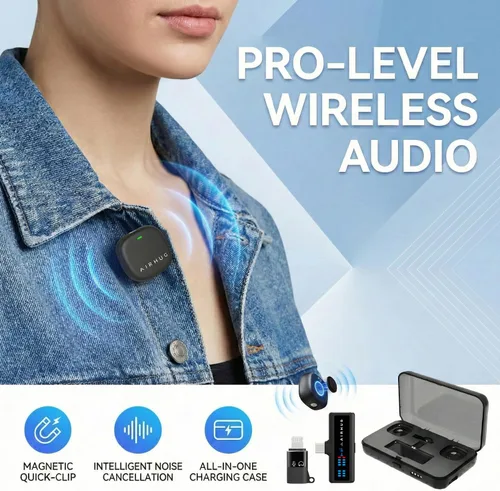 Miniatura 8 de AIRHUG Micrófono Lavalier inalámbrico para iPhone/Android/PC, batería de 60 horas, 48 KHz 24 bits, relámpago Plug-Play/USB-C, 3 modos de grabación