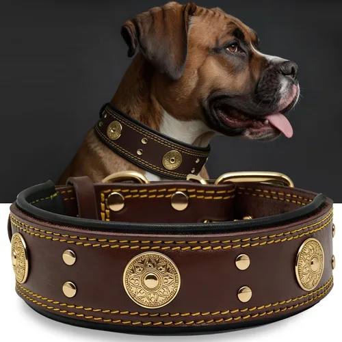 Miniatura 16 de Collar de cuero para perro, 2 pulgadas de ancho, collares de cuero genuino resistente, hecho a mano, suave y lujoso, la mejor opción llamativa