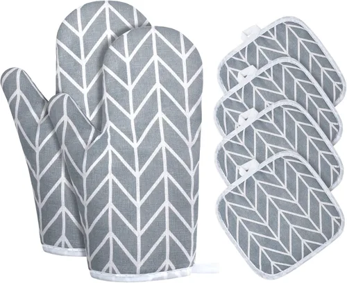 Miniatura 9 de AUAUY Guantes de horno y soportes para ollas Juego de 6 piezas, guantes de cocina resistentes a 392°F y almohadillas térmicas, guantes para hornear