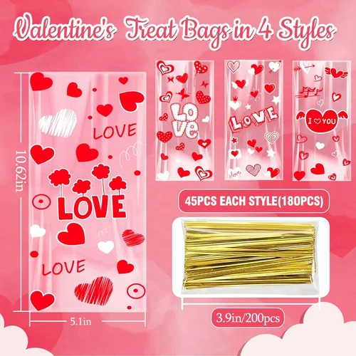 Miniatura 4 de Bolsas de golosinas de San Valentín ONFAON, 180 bolsas de caramelos de San Valentín con 200 lazos para empacar bocadillos, galletas y caramelos, San
