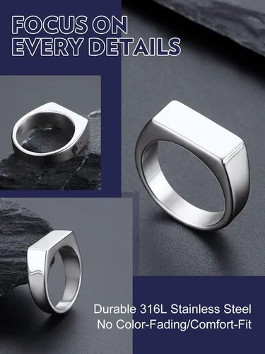 Miniatura 2 de Bandmax Anillos de sello para hombre, acero inoxidable, chapado en oro de 14 quilates, negro, minimalista, simple, anillo para hombres y mujeres