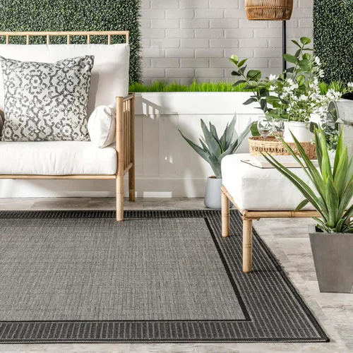 Miniatura 5 de Alfombra para exteriores con borde gris nuLOOM, Polipropileno, gris