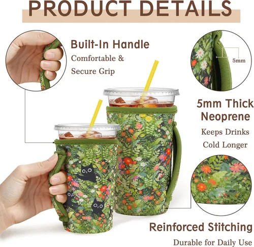 Miniatura 4 de KJQJLY Paquete de 3 fundas reutilizables para café helado con asa, de neopreno, aisladas, para bebidas calientes y frías, se adapta a tazas de 16 a