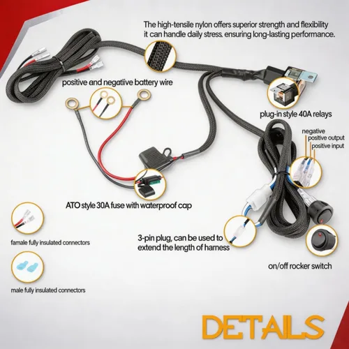 Miniatura 6 de Arnés de cableado de 1 cable, kit de cable de nailon de 12 V 40 A para barras de luz LED, luces antiniebla, luces de conducción y trabajo