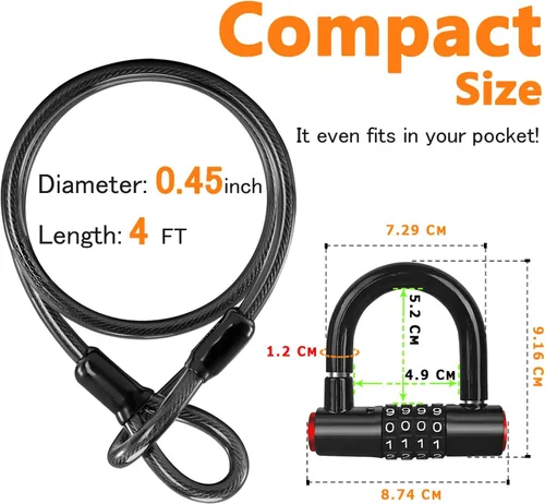 Miniatura 6 de Juego de candado de cable de seguridad (4 cerraduras digitales en U y cable flexible de extremos sellados de acero de 4 pies x 1/2 pulgadas)