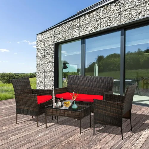 Miniatura 8 de Dkeli Juego de 4 muebles de patio al aire libre de mimbre con cojines gruesos y mesa, modernos juegos de conversación de sillas de ratán para patio