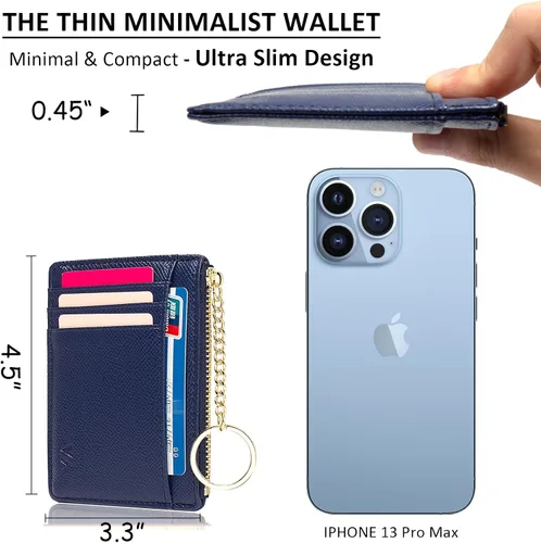 Miniatura 13 de Tarjetero delgado con bloqueo RFID, billetera de bolsillo pequeño, con cremallera Keychian para monedero, monedero y tarjetero para mujeres y hombres
