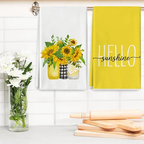 Miniatura 5 de AnyDesign Toalla de cocina de girasol de 18 x 28 pulgadas, paños de cocina Hello Sunshine, toalla de cocina decorativa de verano con flores