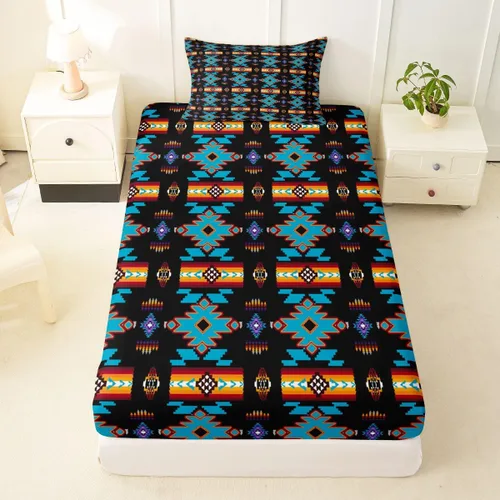 Miniatura 76 de Juego de ropa de cama occidental tamaño individual, sábanas aztecas, estilo nórdico exótico, bohemio, sábana bajera ajustable de tribu india