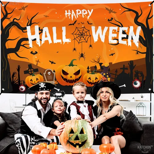 Miniatura 2 de KatchOn Pancarta extragrande de Feliz Halloween, 72 x 44 pulgadas, telón de fondo espeluznante, decoraciones de fiesta naranja y negro, pancarta