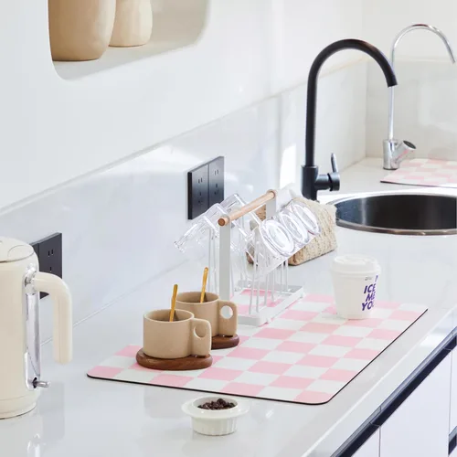 Miniatura 19 de Ohocut Tapete de secado de platos a cuadros para encimera de cocina, accesorios de estación de cafetería, estética, retro, moderna, absorbente