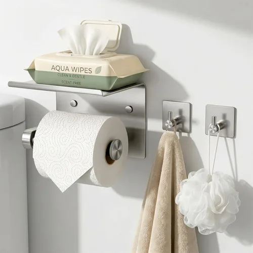 Miniatura 2 de Tindbea Soporte de papel higiénico con estante para teléfono + Ganchos para toallas, Montaje adhesivo o con tornillos en la pared para rollos