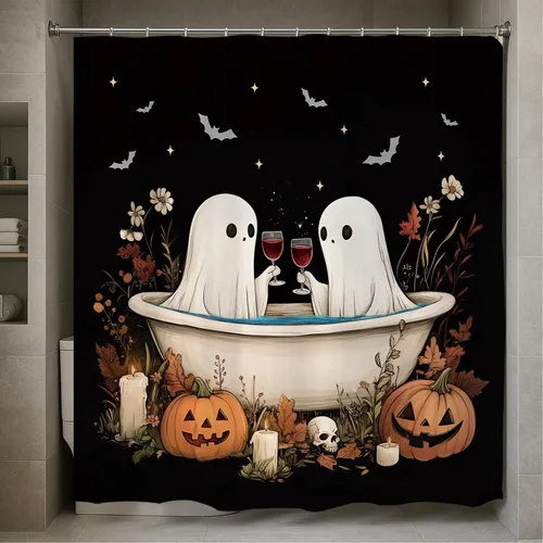 Miniatura 4 de GPGHE Cortina de ducha para decoración de Halloween, fantasma, calabaza, murciélago, vacaciones, juego de cortinas de baño retro con 12 ganchos, 71