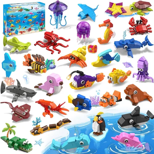 Paquete de 30 recuerdos de fiesta de animales para niños, 824 piezas de juguetes de bloques de construcción de animales marinos para bolsas de