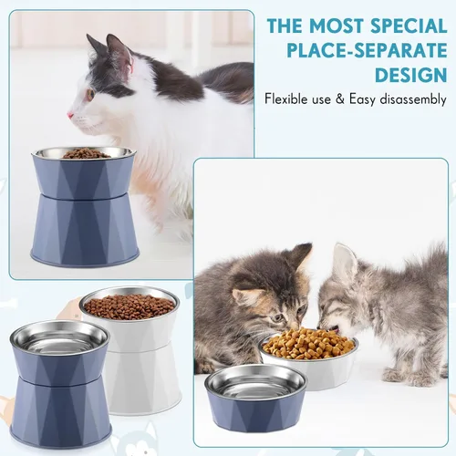Miniatura 6 de Lallisa Comedero para gatos, 2 cuencos elevados de acero inoxidable con soporte elevado ajustable, tazón antideslizante para alimentos y agua