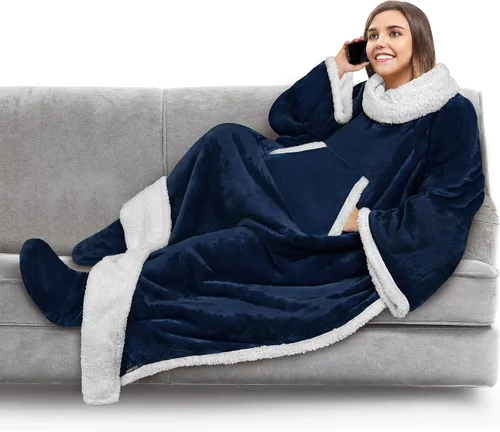 Miniatura 17 de PAVILIA Manta de forro polar con mangas, bolsillos para los pies para mujeres, hombres y adultos, manta de felpa para llevar, cálida manta