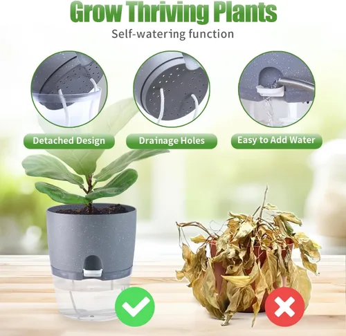 Miniatura 4 de Oliz - Macetas de 6 pulgadas con riego automático para plantas de interior, juego de 6 macetas de plástico gris con agujeros de drenaje