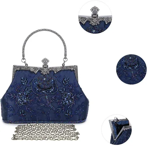Miniatura 6 de KISSCHIC Bolso de mano para mujer, estilo vintage, con cuentas bordadas, lentejuelas, para boda, fiesta, bolso de mano