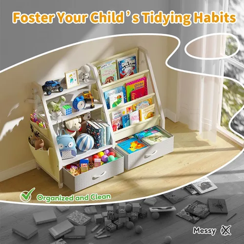 Miniatura 5 de Estantería para niños y organizador de juguetes Twinkoo, estante resistente de 3 niveles, estantería con bandeja y 2 contenedores de juguetes, Gris