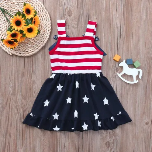 Miniatura 4 de XFGLCK Vestido de 4 de julio para niñas pequeñas, con volantes, estrellas, rayas, lazo, falda, patrón de bandera, trajes de verano