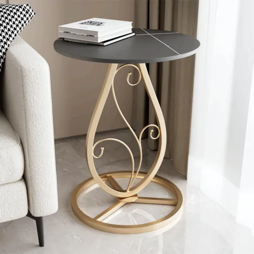 Miniatura 6 de Mesa auxiliar redonda bohemia para sala de estar, mesas auxiliares de escritorio de mármol natural con base floral de metal minimalista bohemio