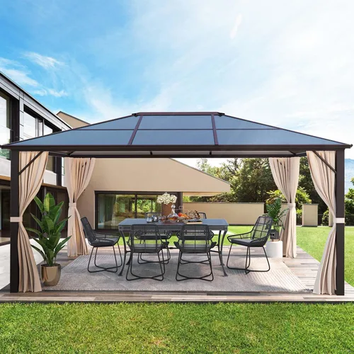 Miniatura 28 de YOLENY Cenador de techo duro de 10 x 13 pies, toldo de policarbonato para exteriores con techo doble, pabellón permanente de aluminio con cortinas