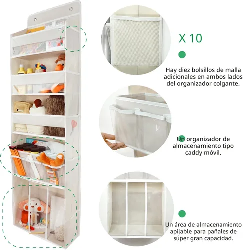 Miniatura 4 de Organizador de almacenamiento para colgar en puerta, con 3 compartimentos, 1 organizador de pañales para bebé móvil, 1 organizador de almacenamiento