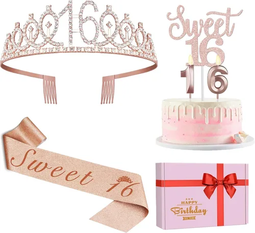 Miniatura 44 de Decoraciones de cumpleaños de 24 años para mujeres, incluyendo banda de cumpleaños, tiara/corona, velas numéricas y decoración de pastel, regalos