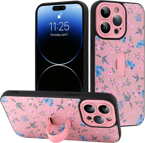 Miniatura 108 de Funda diseñada para iPhone 17 Pro Max con soporte plegable y correa para dedos, bonito patrón de lazo de corazón de flor rosa para mujeres y niñas