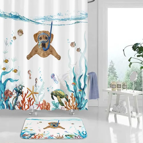 Miniatura 5 de Fowocu Divertidas alfombras de baño pequeñas para perro, alfombras de baño de animales marinos y océanos, absorbentes de agua, antideslizantes