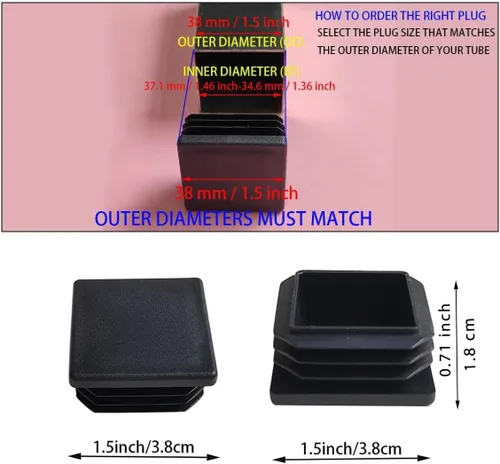Miniatura 2 de Paquete de 4 tapones de extremo de tubo cuadrado de plástico de 1.5 pulgadas, tapón de tubería cuadrada de 1.5"x1.5", tapas de extremo de tubo