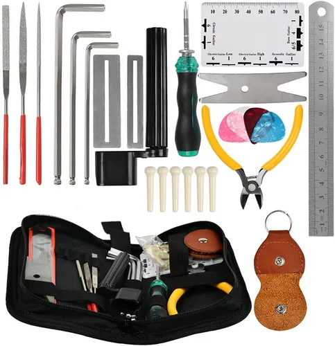 TIMESETL Kit de herramientas de reparación de guitarra con alicates de alambre, organizador de cuerdas, protector de diapasón, llaves hexagonales,