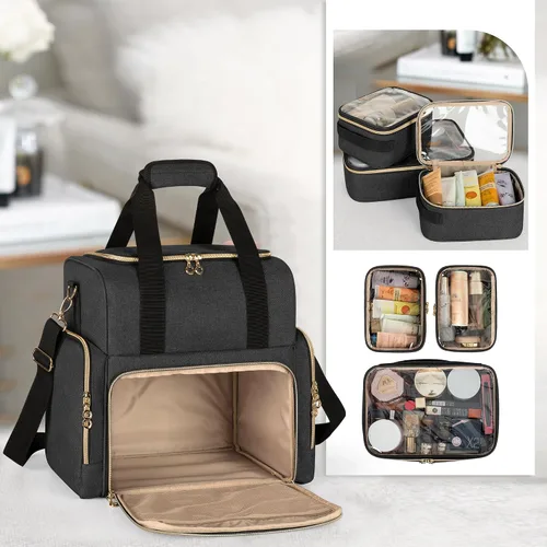 Miniatura 3 de LUXJA Bolsa de maquillaje de viaje grande con 3 estuches extraíbles, bolsa de cosméticos con divisores desmontables (patente pendiente), color negro