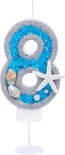 Miniatura 13 de Vela de cumpleaños número 0 3D número 0 para decoración de pastel para niños y niñas, niños pequeños bajo el océano, tema azul mar, fiesta